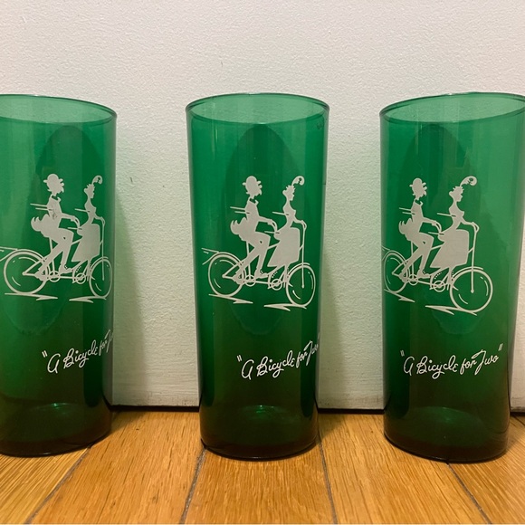 Set of 3 Green “ A Bicycle for Two” tandem bike Print Glasses - Picture 1 of 2